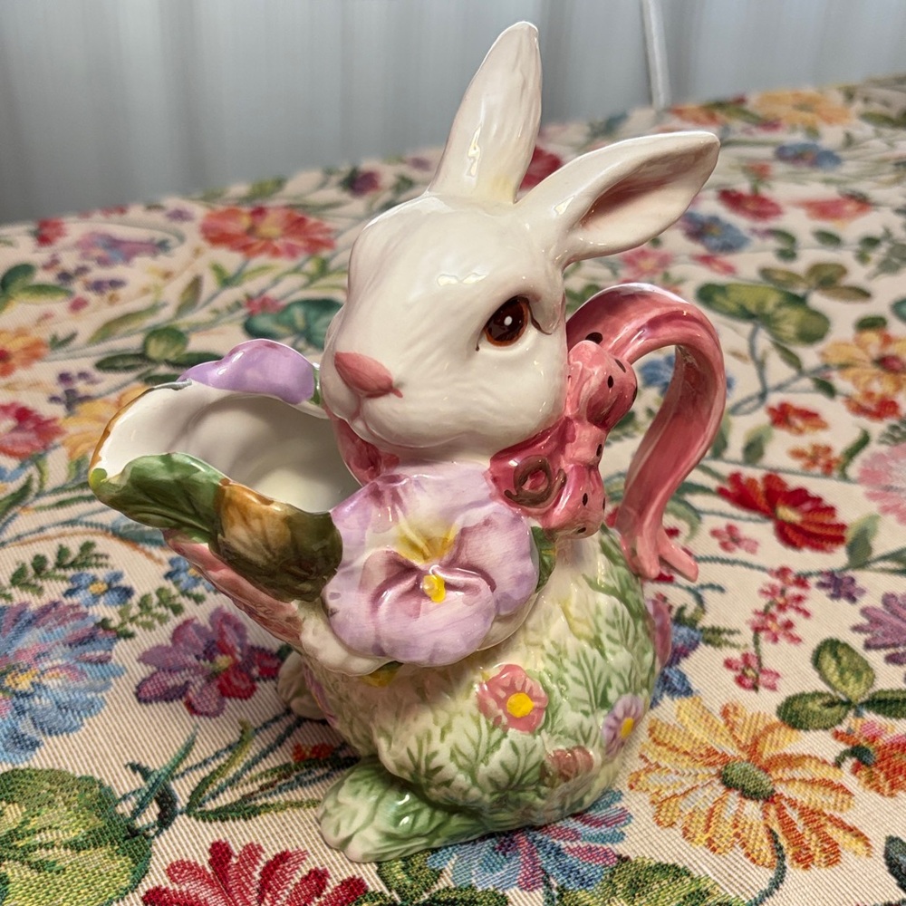 Hand-Painted Ceramic Bunny Pitcher/Creamer with Pink Handle and Floral Accents